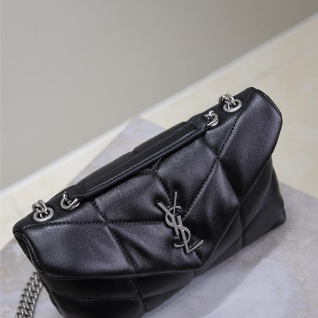 YSL 25S LOULOU PUFFER MINI 23 IN BLACK CALFSKIN SILVER HARDWARE