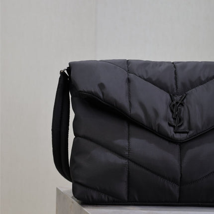 YSL 25S LOULOU PUFFER BAG 34 IN BLACK NYLON SILVER HARDWARE