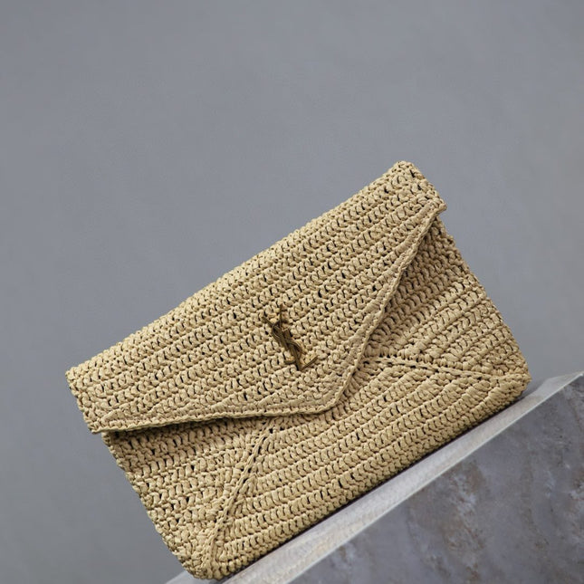 YSL 25S CASSANDRE LARGE ENVELOPE POUCH 29 IN NATURAL RAFFIA GOLD HARDWARE