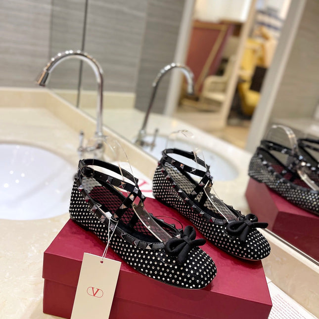 VALENTINO 26S BALLET FLATS IN BLACK CRYSTAL-EMBELLISHED MESH