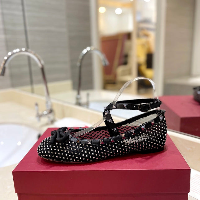 VALENTINO 26S BALLET FLATS IN BLACK CRYSTAL-EMBELLISHED MESH