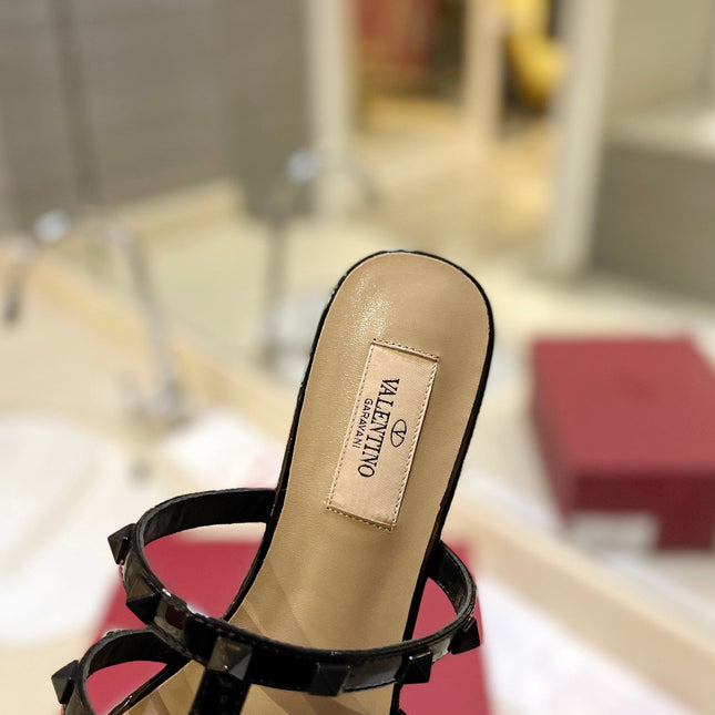 VALENTINO 26S ROCKSTUD CAGED SANDALS IN BLACK PATENT CALFSKIN