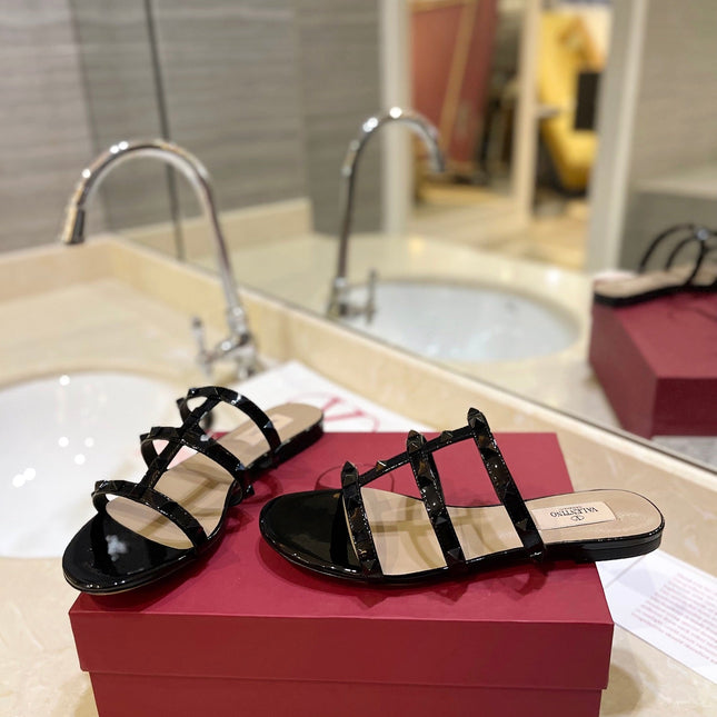 VALENTINO 26S ROCKSTUD CAGED SANDALS IN BLACK PATENT CALFSKIN