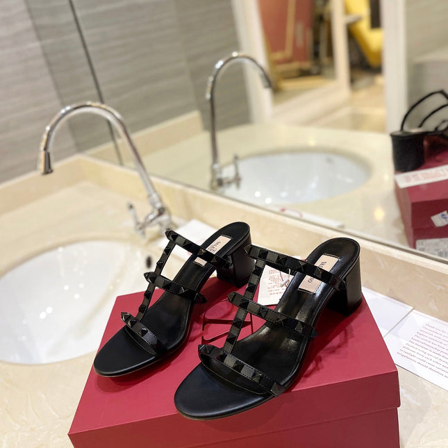 VALENTINO 26S ROCKSTUD CAGED HEELED SANDALS 60 MM IN BLACK SMOOTH CALFSKIN