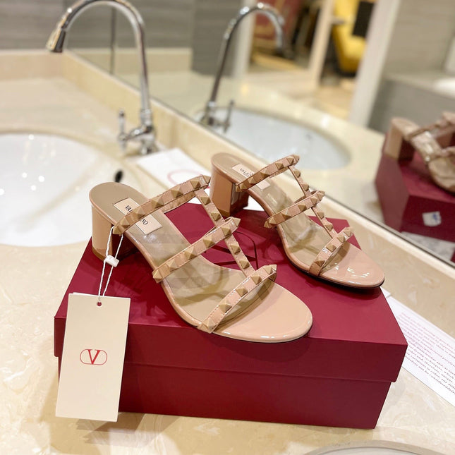 VALENTINO 26S ROCKSTUD CAGED HEELED SANDALS 60 MM IN NUDE PATENT CALFSKIN