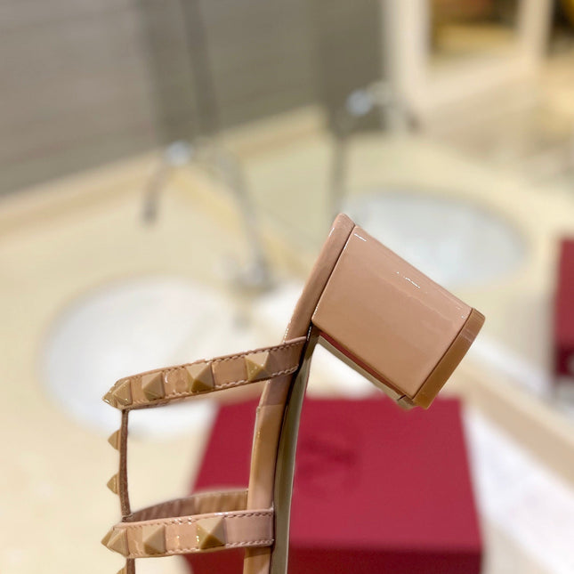 VALENTINO 26S ROCKSTUD CAGED HEELED SANDALS 60 MM IN NUDE PATENT CALFSKIN