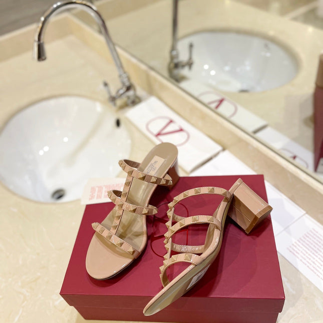VALENTINO 26S ROCKSTUD CAGED HEELED SANDALS 60 MM IN NUDE PATENT CALFSKIN