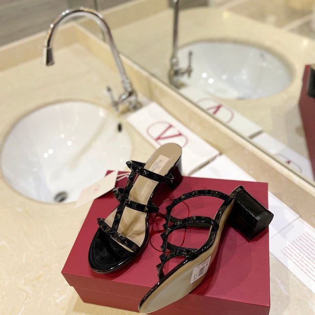 VALENTINO 26S ROCKSTUD CAGED HEELED SANDALS 60 MM IN BLACK PATENT CALFSKIN