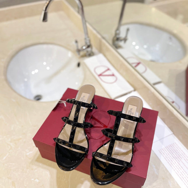 VALENTINO 26S ROCKSTUD CAGED HEELED SANDALS 60 MM IN BLACK PATENT CALFSKIN