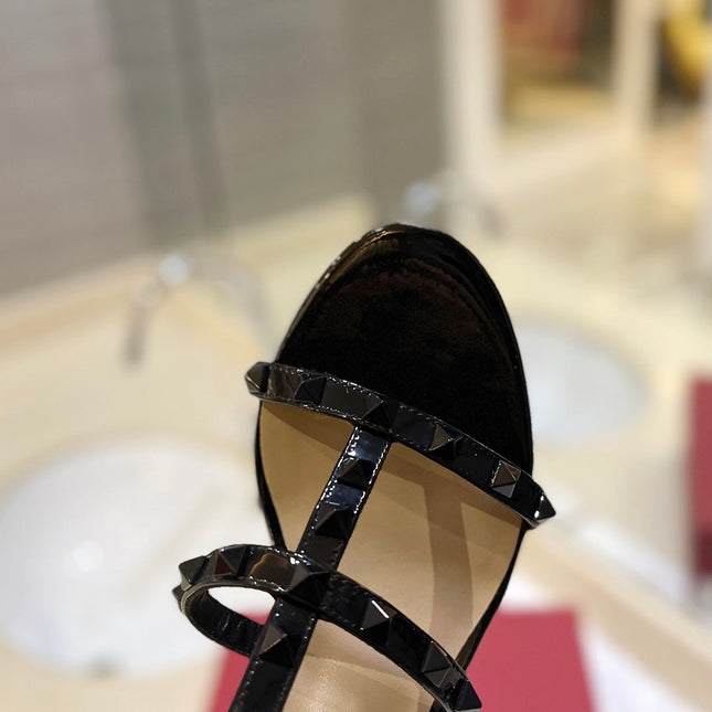 VALENTINO 26S ROCKSTUD CAGED HEELED SANDALS 60 MM IN BLACK PATENT CALFSKIN