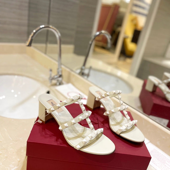 VALENTINO 26S ROCKSTUD CAGED HEELED SANDALS 60 MM IN CREAM WHITE CALFSKIN