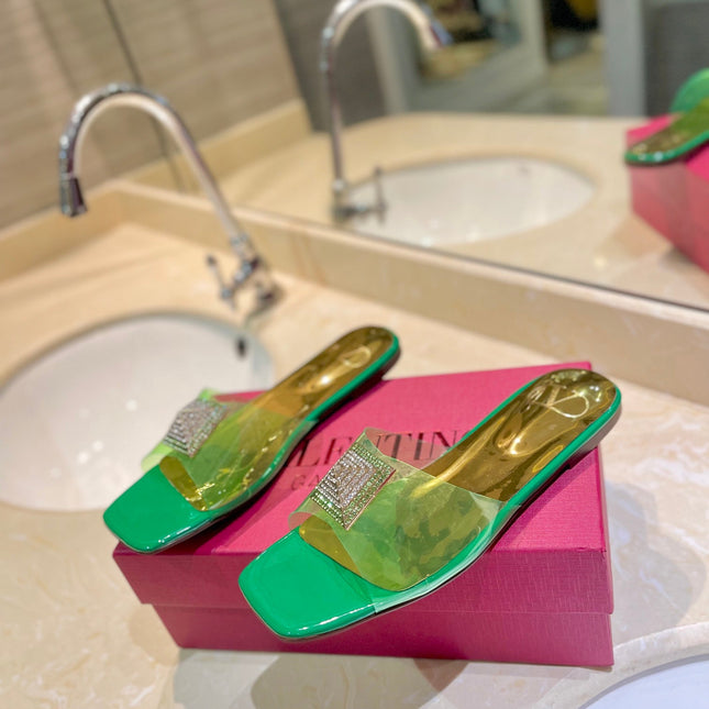 VALENTINO 26S FLAT SLIDES IN GREEN MIX GOLD LAMBSKIN WITH CRYSTAL
