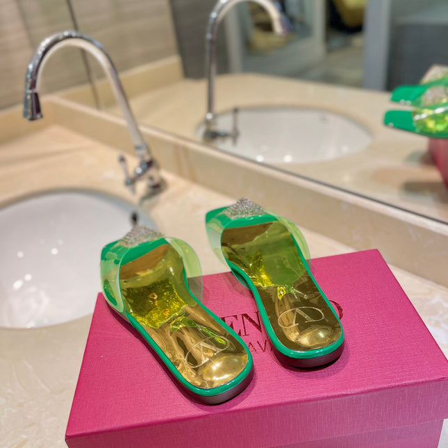 VALENTINO 26S FLAT SLIDES IN GREEN MIX GOLD LAMBSKIN WITH CRYSTAL
