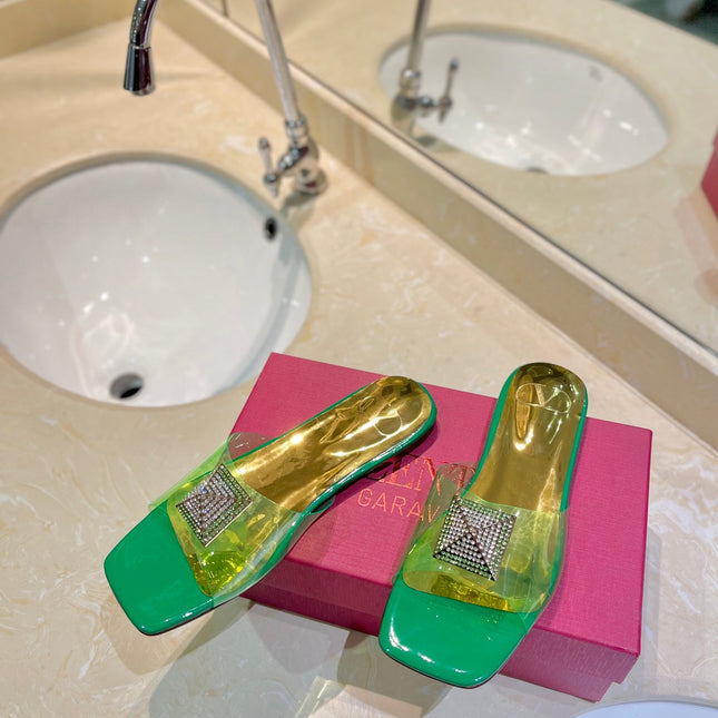 VALENTINO 26S FLAT SLIDES IN GREEN MIX GOLD LAMBSKIN WITH CRYSTAL