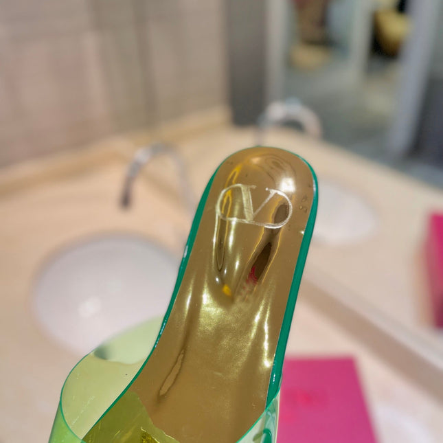 VALENTINO 26S FLAT SLIDES IN GREEN MIX GOLD LAMBSKIN WITH CRYSTAL
