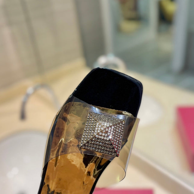 VALENTINO 26S FLAT SLIDES IN BLACK MIX GOLD LAMBSKIN WITH CRYSTAL