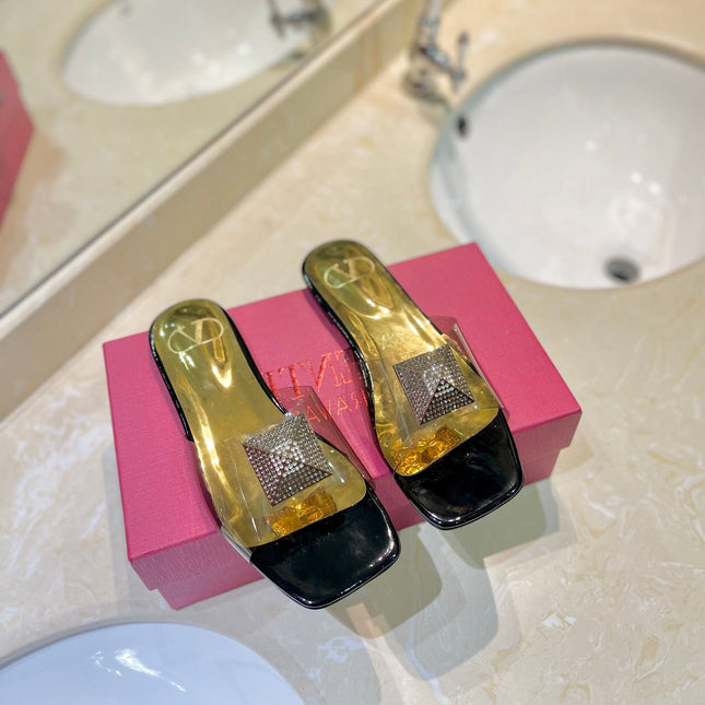 VALENTINO 26S FLAT SLIDES IN BLACK MIX GOLD LAMBSKIN WITH CRYSTAL