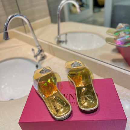 VALENTINO 26S FLAT SLIDES IN GOLD LAMBSKIN WITH CRYSTAL STYLE 3