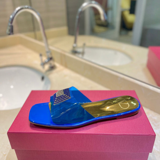 VALENTINO 26S FLAT SLIDES IN BLUE MIX GOLD LAMBSKIN WITH CRYSTAL