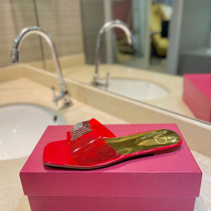 VALENTINO 26S FLAT SLIDES IN RED MIX GOLD LAMBSKIN WITH CRYSTAL