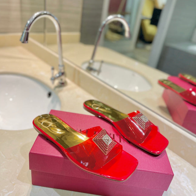 VALENTINO 26S FLAT SLIDES IN RED MIX GOLD LAMBSKIN WITH CRYSTAL