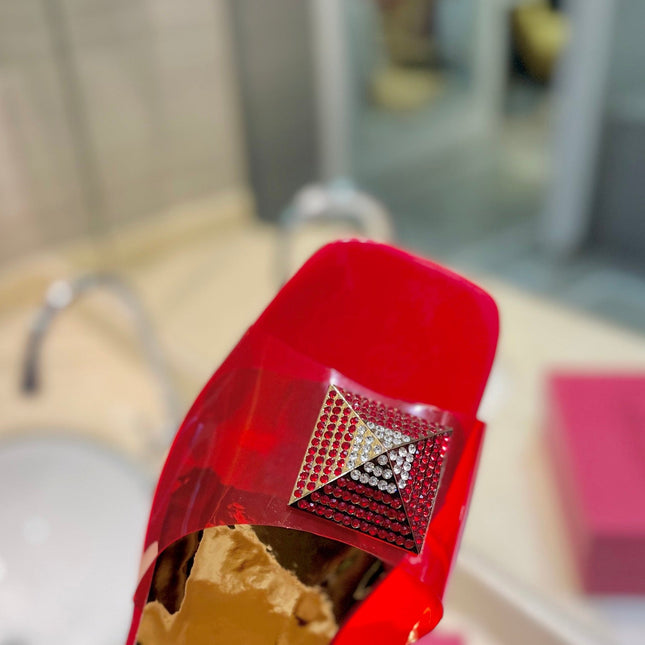 VALENTINO 26S FLAT SLIDES IN RED MIX GOLD LAMBSKIN WITH CRYSTAL