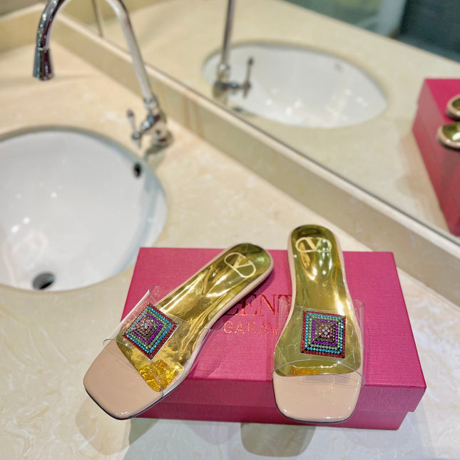 VALENTINO 26S FLAT SLIDES IN NUDE MIX GOLD LAMBSKIN WITH CRYSTAL
