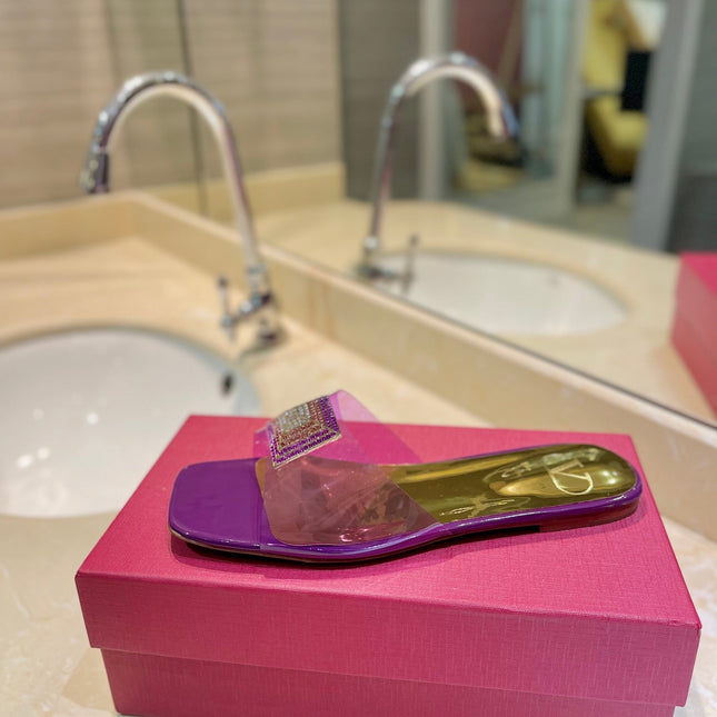 VALENTINO 26S FLAT SLIDES IN PURPLE MIX GOLD LAMBSKIN WITH CRYSTAL