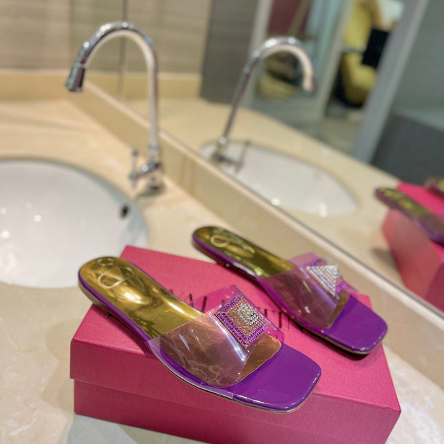 VALENTINO 26S FLAT SLIDES IN PURPLE MIX GOLD LAMBSKIN WITH CRYSTAL