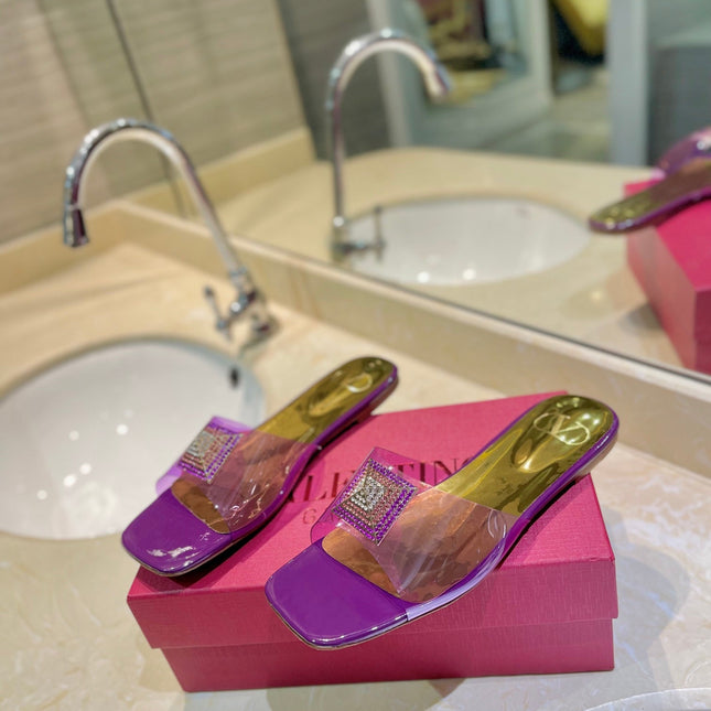 VALENTINO 26S FLAT SLIDES IN PURPLE MIX GOLD LAMBSKIN WITH CRYSTAL