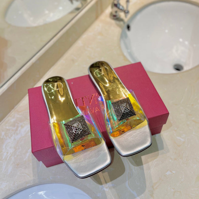 VALENTINO 26S FLAT SLIDES IN SILVER MIX GOLD LAMBSKIN WITH CRYSTAL