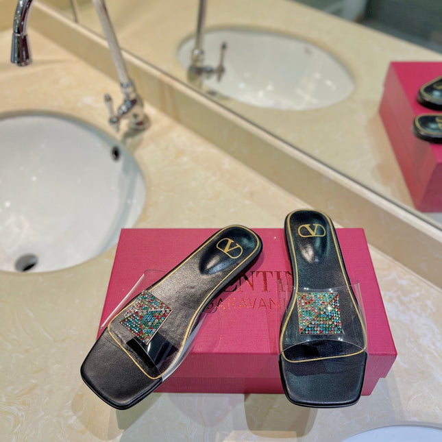 VALENTINO 26S FLAT SLIDES IN BLACK LAMBSKIN WITH CRYSTAL STYLE 2