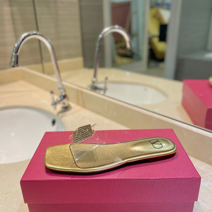 VALENTINO 26S FLAT SLIDES IN GOLD LAMBSKIN WITH CRYSTAL