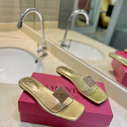 VALENTINO 26S FLAT SLIDES IN GOLD LAMBSKIN WITH CRYSTAL