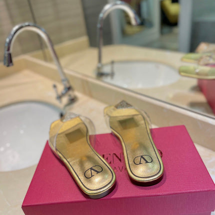 VALENTINO 26S FLAT SLIDES IN GOLD LAMBSKIN WITH CRYSTAL