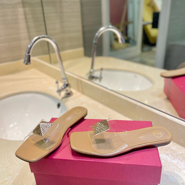 VALENTINO 26S FLAT SLIDES IN BEIGE LAMBSKIN WITH CRYSTAL