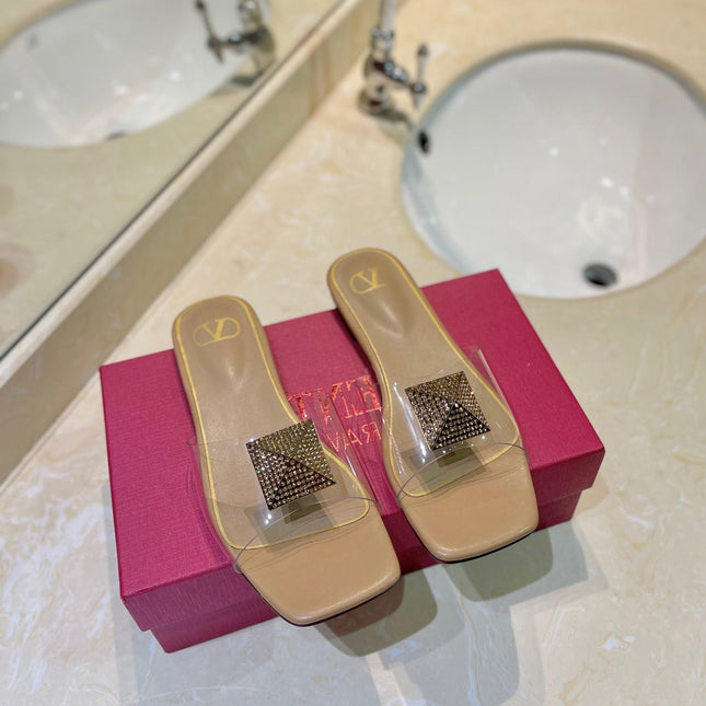 VALENTINO 26S FLAT SLIDES IN BEIGE LAMBSKIN WITH CRYSTAL