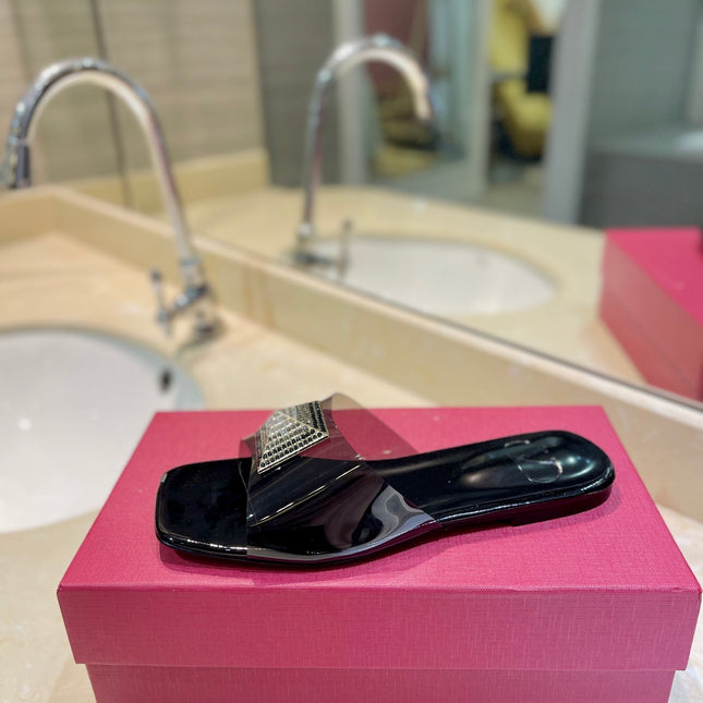 VALENTINO 26S FLAT SLIDES IN BLACK LAMBSKIN WITH CRYSTAL STYLE 1