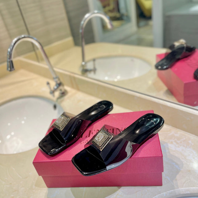 VALENTINO 26S FLAT SLIDES IN BLACK LAMBSKIN WITH CRYSTAL STYLE 1
