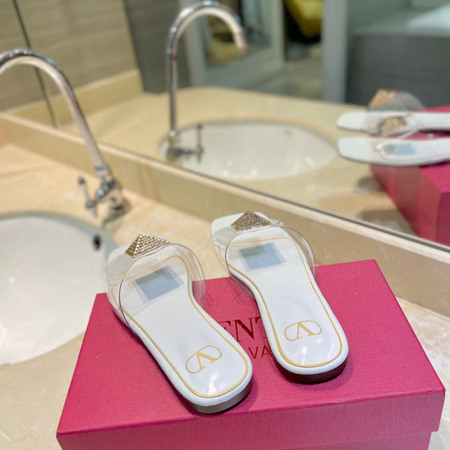 VALENTINO 26S FLAT SLIDES IN WHITE LAMBSKIN WITH CRYSTAL