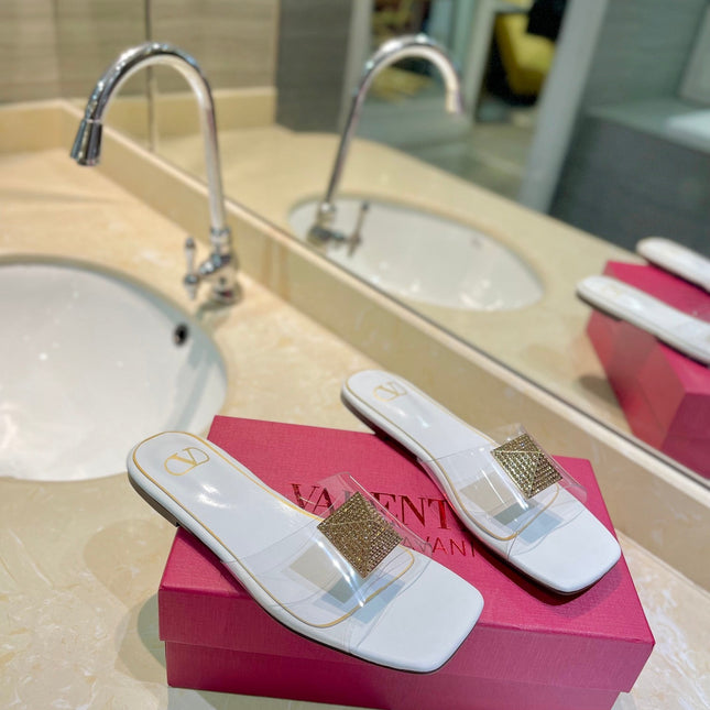 VALENTINO 26S FLAT SLIDES IN WHITE LAMBSKIN WITH CRYSTAL