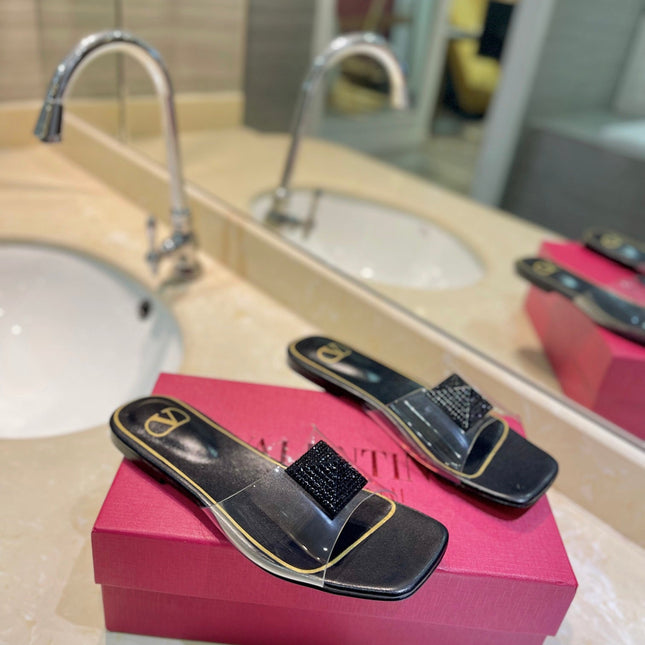 VALENTINO 26S FLAT SLIDES IN BLACK LAMBSKIN WITH CRYSTAL
