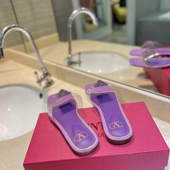 VALENTINO 26S FLAT SLIDES IN PURPLE LAMBSKIN WITH CRYSTAL
