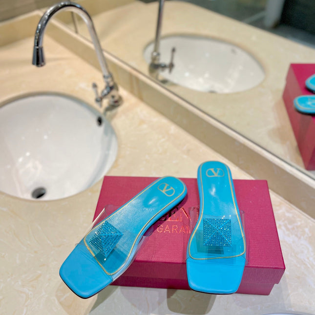 VALENTINO 26S FLAT SLIDES IN LIGHT BLUE LAMBSKIN WITH CRYSTAL