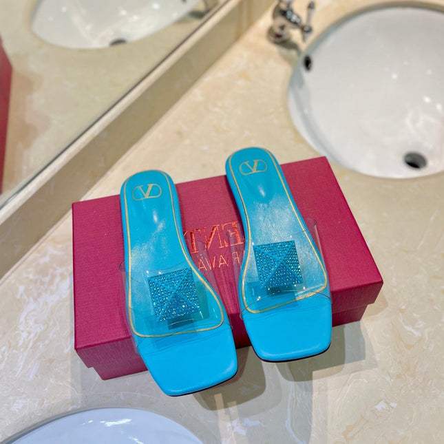 VALENTINO 26S FLAT SLIDES IN LIGHT BLUE LAMBSKIN WITH CRYSTAL