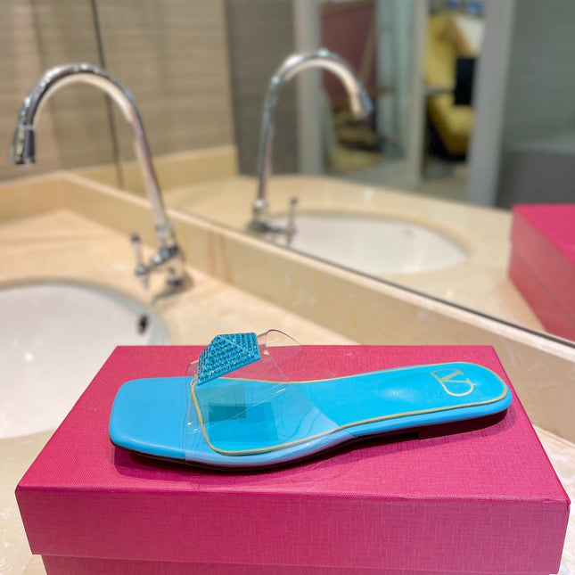 VALENTINO 26S FLAT SLIDES IN LIGHT BLUE LAMBSKIN WITH CRYSTAL