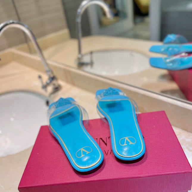 VALENTINO 26S FLAT SLIDES IN LIGHT BLUE LAMBSKIN WITH CRYSTAL