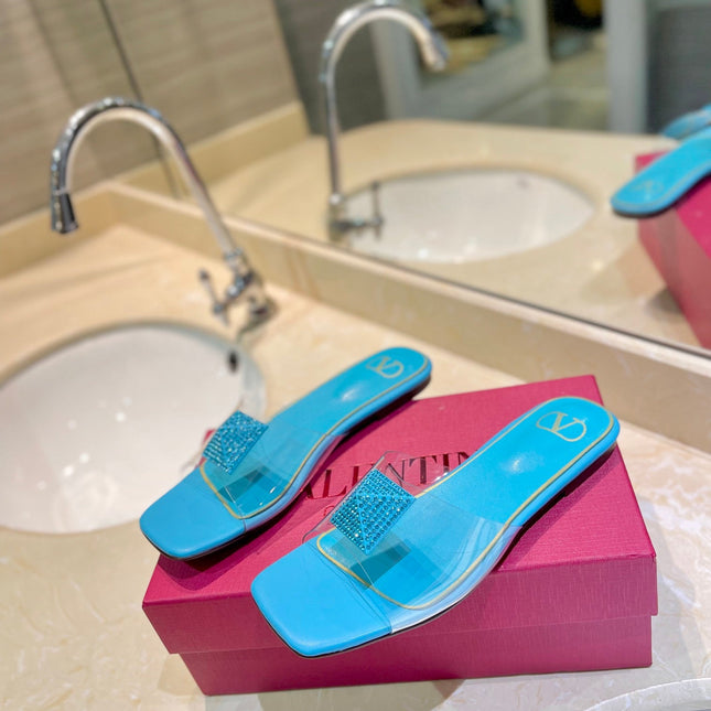VALENTINO 26S FLAT SLIDES IN LIGHT BLUE LAMBSKIN WITH CRYSTAL