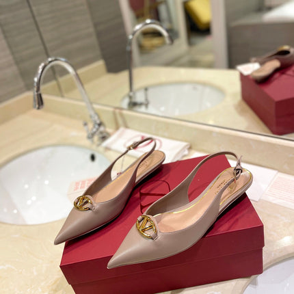 VALENTINO 26S POINTED TOE FLAT SLINGBACKS IN BEIGE CALFSKIN