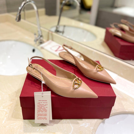 VALENTINO 26S POINTED TOE FLAT SLINGBACKS IN NUDE CALFSKIN